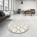 Round Contemporary Antique White Beige Trellis Rug in a Office, con3029