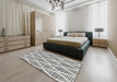 Contemporary Dark White Beige Trellis Rug in a Bedroom, con3056