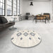 Round Contemporary Antique White Beige Abstract Machine Washable Rug in a Office, wshcon3063