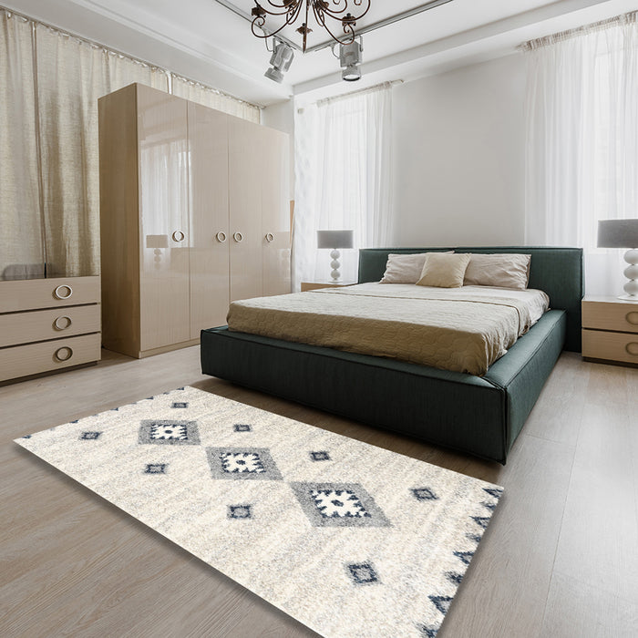 Contemporary Antique White Beige Abstract Machine Washable Rug in a Bedroom, wshcon3063