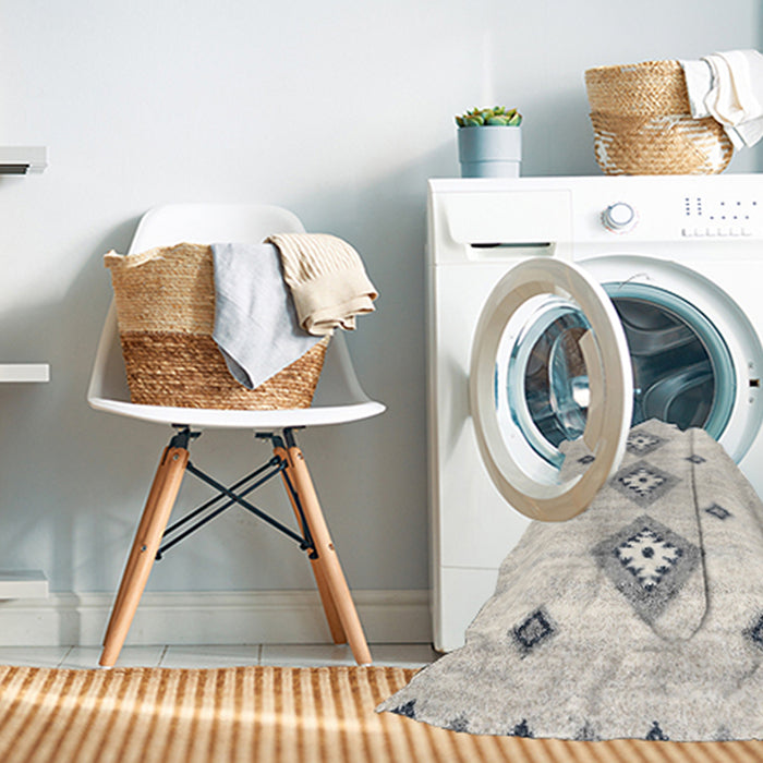 Contemporary Antique White Beige Abstract Machine Washable Rug in a Washing Machine, wshcon3063