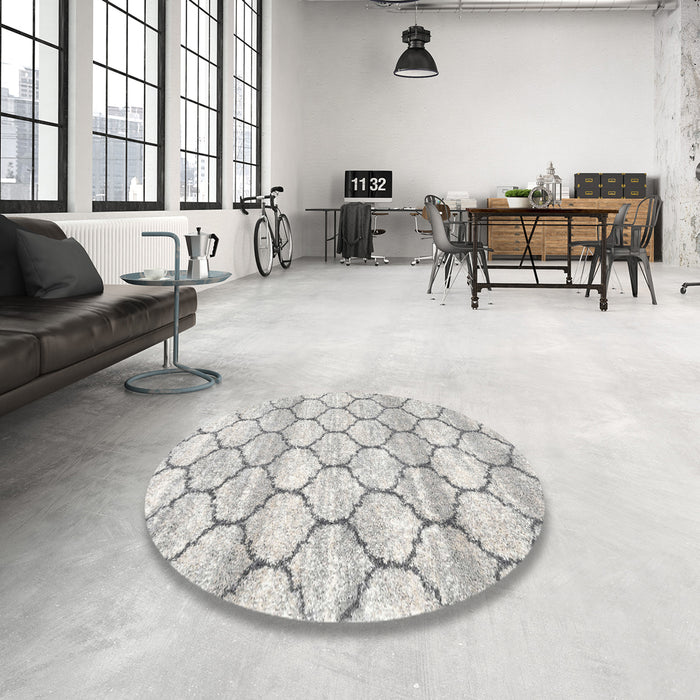 Round Contemporary Dark Gray Trellis Rug in a Office, con3065