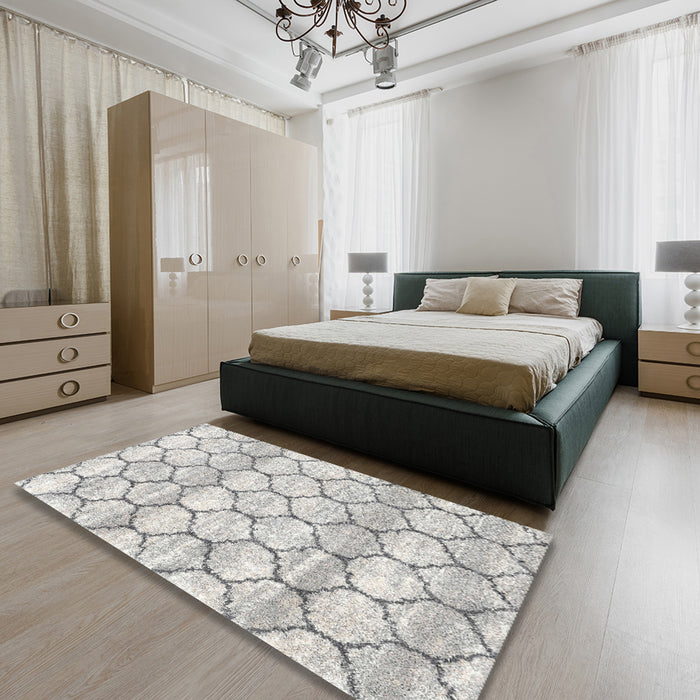 Contemporary Dark Gray Trellis Rug in a Bedroom, con3065