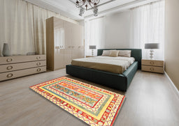 Contemporary Orange Oriental Rug in a Bedroom, con3084