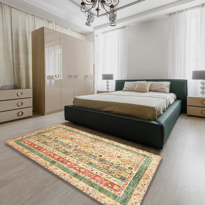 Contemporary Brown Gold Modern Rug in a Bedroom, con3087