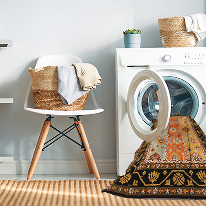Contemporary Metallic Gold Abstract Machine Washable Rug in a Washing Machine, wshcon3088