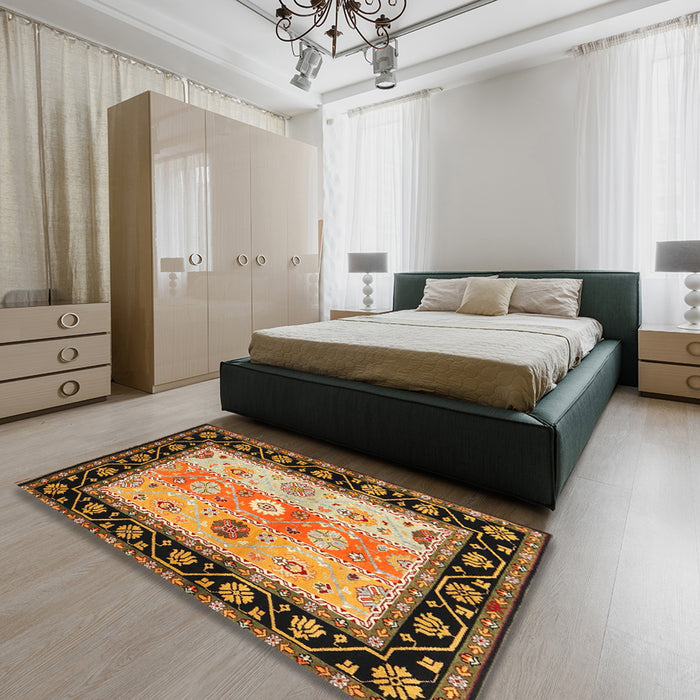Contemporary Metallic Gold Abstract Machine Washable Rug in a Bedroom, wshcon3088