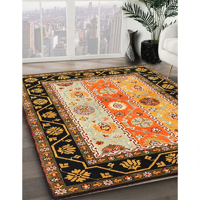 Contemporary Metallic Gold Abstract Machine Washable Rug in a Family Room, wshcon3088