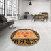 Round Contemporary Metallic Gold Abstract Machine Washable Rug in a Office, wshcon3088