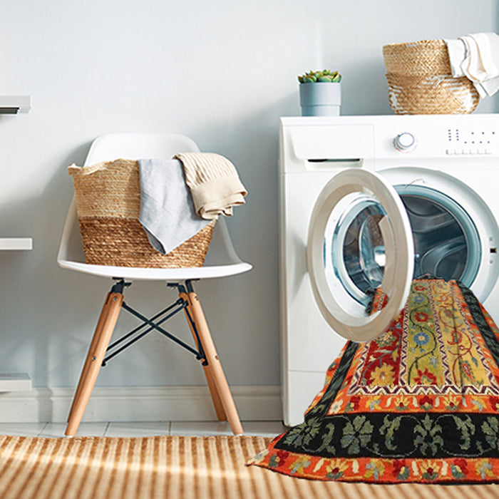 Contemporary Saffron Red Abstract Machine Washable Rug in a Washing Machine, wshcon3090