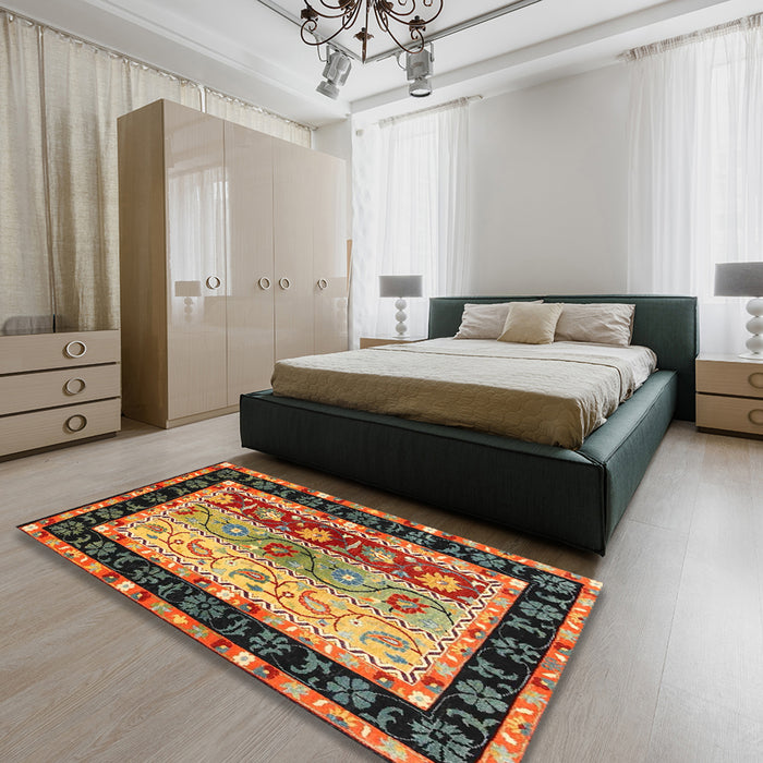 Contemporary Saffron Red Abstract Machine Washable Rug in a Bedroom, wshcon3090