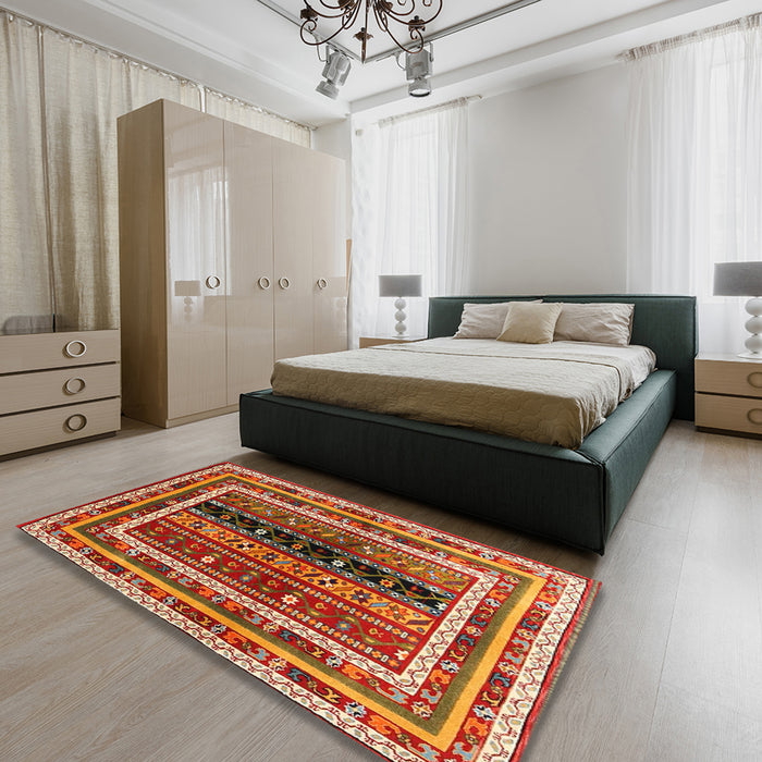 Contemporary Sand Brown Oriental Rug in a Bedroom, con3091