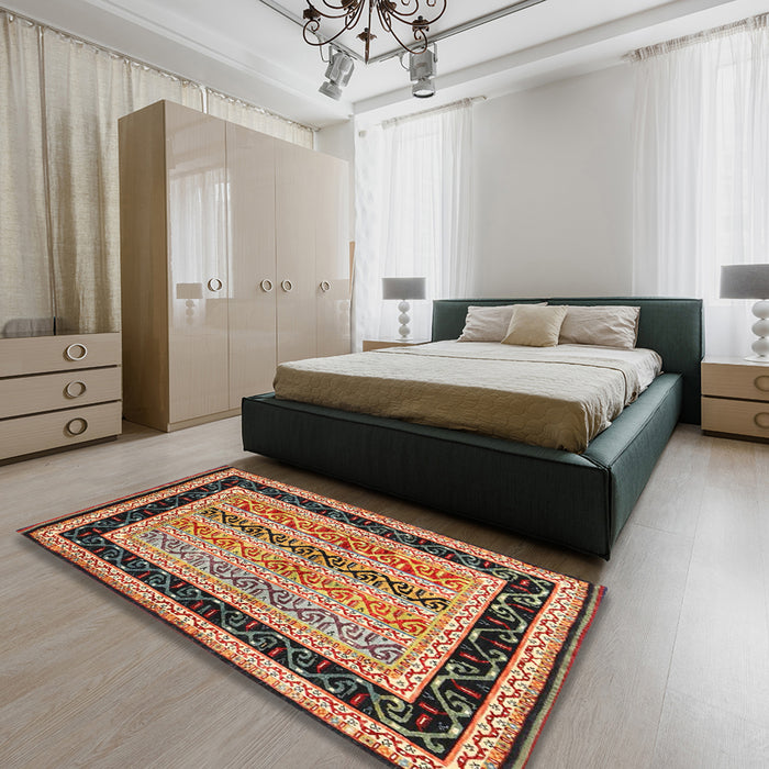 Contemporary Saffron Red Modern Rug in a Bedroom, con3092