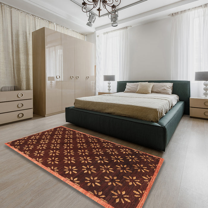 Contemporary Mahogany Brown Modern Rug in a Bedroom, con311