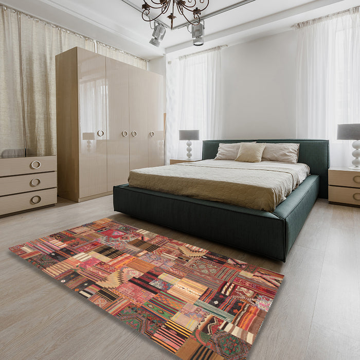 Contemporary Fire Brick Red Patchwork Rug in a Bedroom, con337