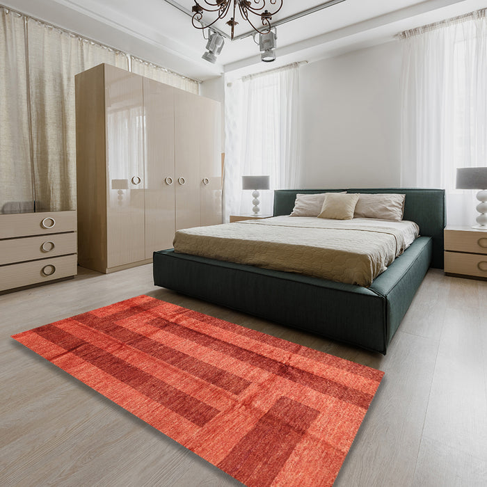 Contemporary Orange Red Modern Rug in a Bedroom, con341