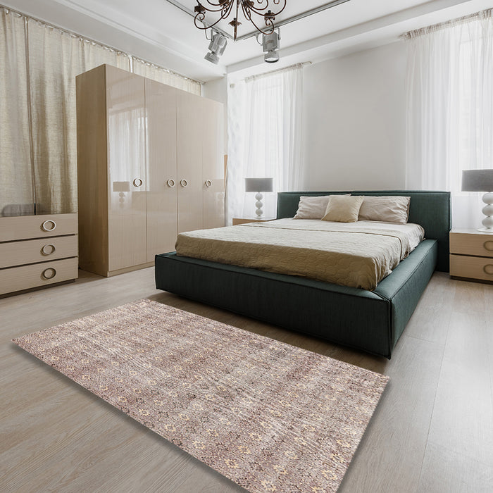 Contemporary Desert Sand Beige Modern Rug in a Bedroom, con369