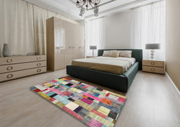 Contemporary Raspberry Purple Patchwork Rug in a Bedroom, con371