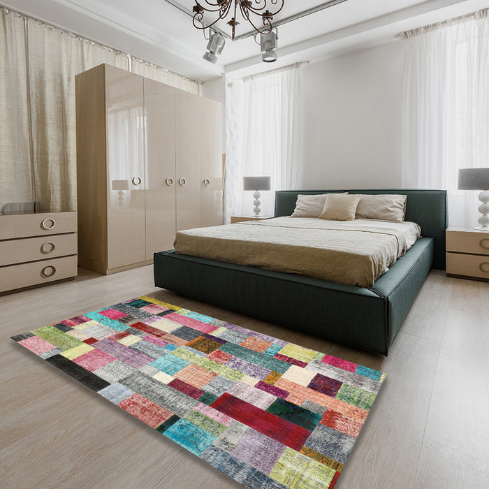Contemporary Chestnut Brown Patchwork Rug in a Bedroom, con372