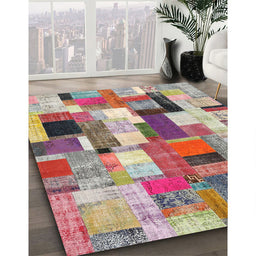 Contemporary Cherry Red Patchwork Rug in Family Room, con374