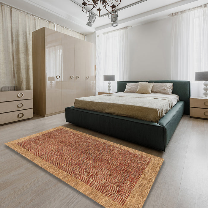Contemporary Mahogany Brown Modern Rug in a Bedroom, con378