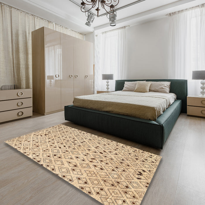 Contemporary Brown Gold Modern Rug in a Bedroom, con393