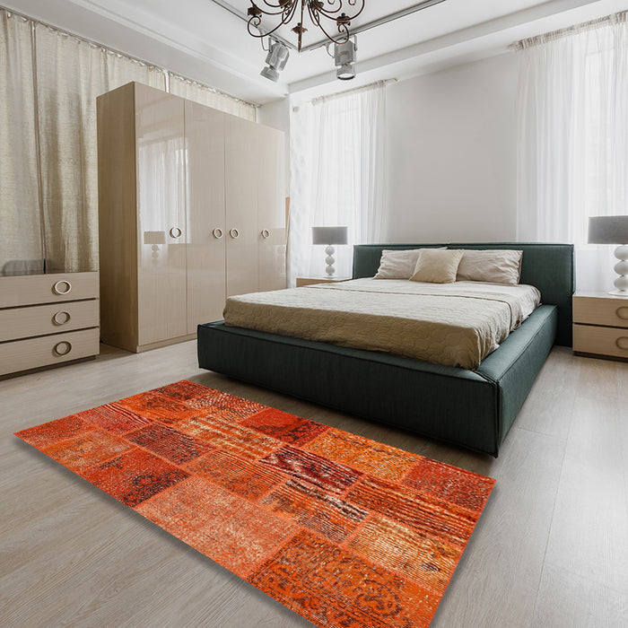 Contemporary Red Patchwork Rug in a Bedroom, con399