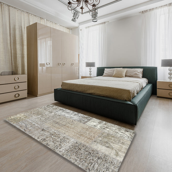 Contemporary Khaki Green Patchwork Rug in a Bedroom, con405