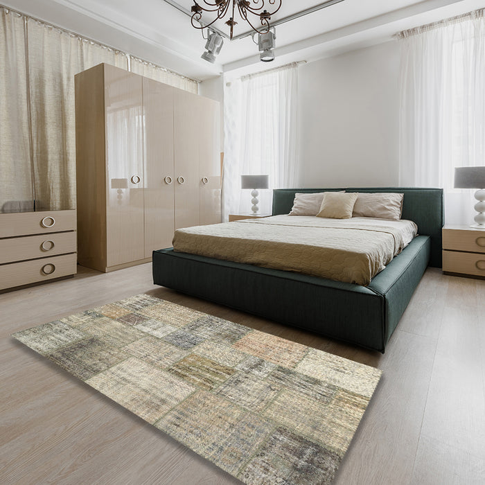 Contemporary Khaki Green Patchwork Rug in a Bedroom, con435