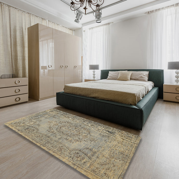 Contemporary Dark Khaki Green Modern Rug in a Bedroom, con436
