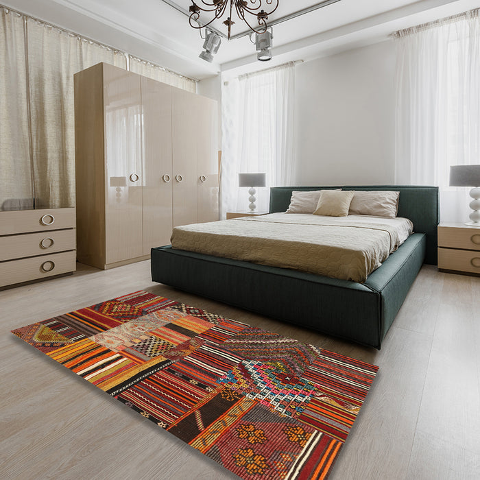 Contemporary Saffron Red Patchwork Rug in a Bedroom, con437