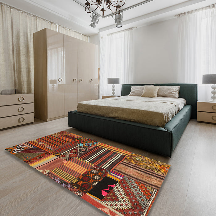 Contemporary Saffron Red Patchwork Rug in a Bedroom, con438