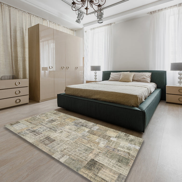 Contemporary Khaki Green Patchwork Rug in a Bedroom, con442