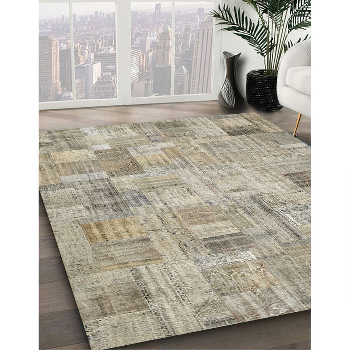 Contemporary Khaki Green Patchwork Rug in Family Room, con442