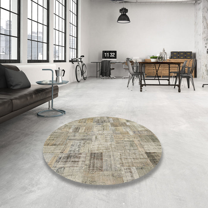 Round Contemporary Khaki Green Patchwork Rug in a Office, con442