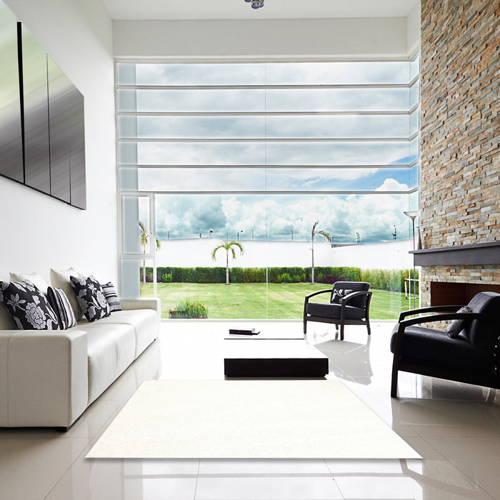 Square Contemporary Ivory White Solid Rug in a Living Room, con464