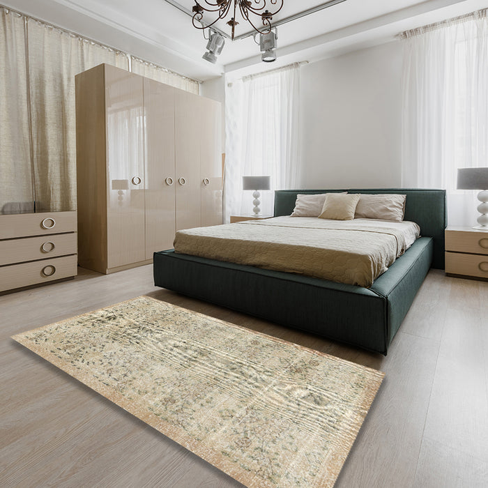 Contemporary Desert Sand Beige Modern Rug in a Bedroom, con482