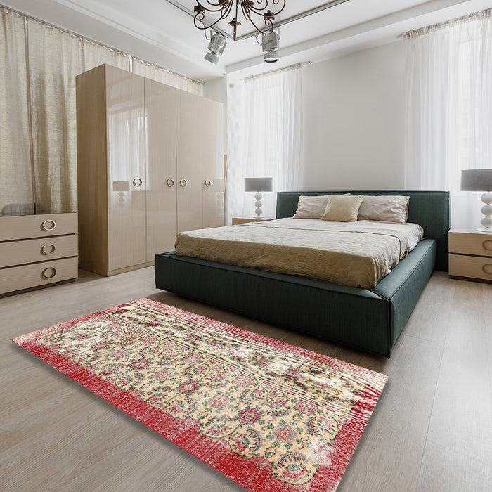 Contemporary Desert Sand Beige Modern Rug in a Bedroom, con490