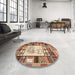 Round Contemporary Brown Red Patchwork Rug in a Office, con501