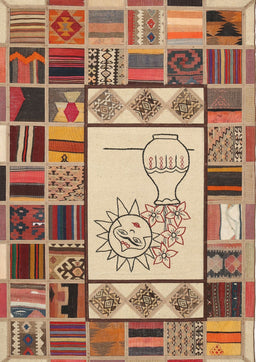 Contemporary Brown Red Patchwork Rug, con501