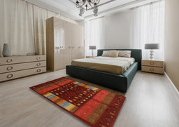 Contemporary Mahogany Brown Oriental Rug in a Bedroom, con512