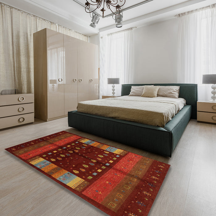 Contemporary Mahogany Brown Oriental Rug in a Bedroom, con512