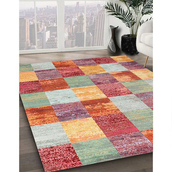 Contemporary Red Patchwork Rug in Family Room, con517