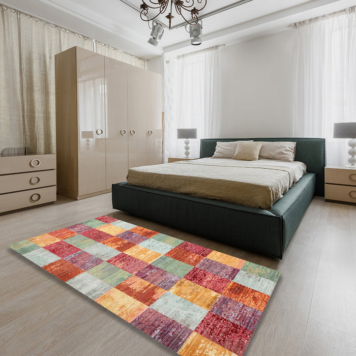 Contemporary Red Patchwork Rug in a Bedroom, con517