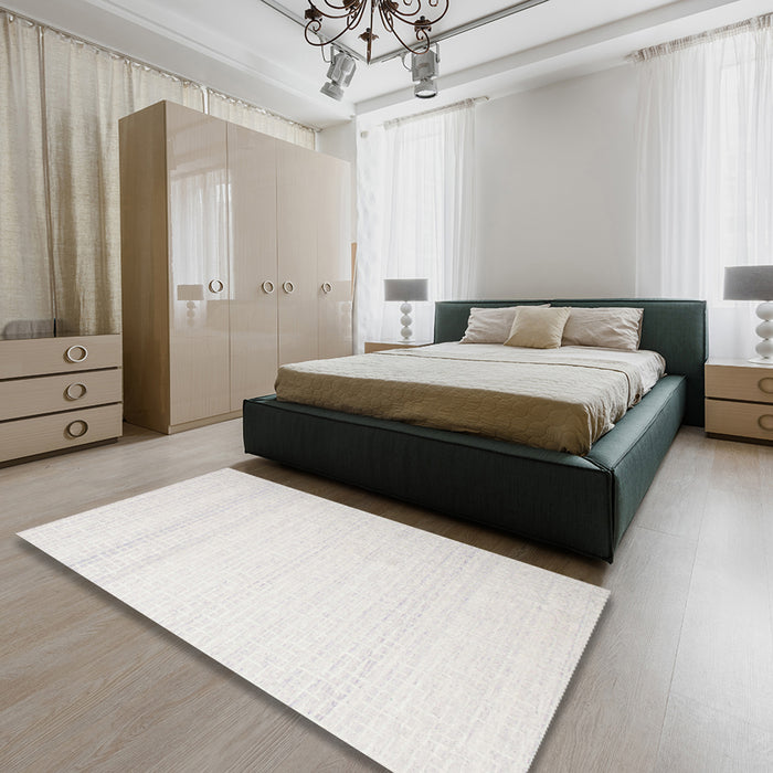 Contemporary Dark White Beige Solid Rug in a Bedroom, con533