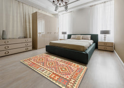Contemporary Orange Oriental Rug in a Bedroom, con553