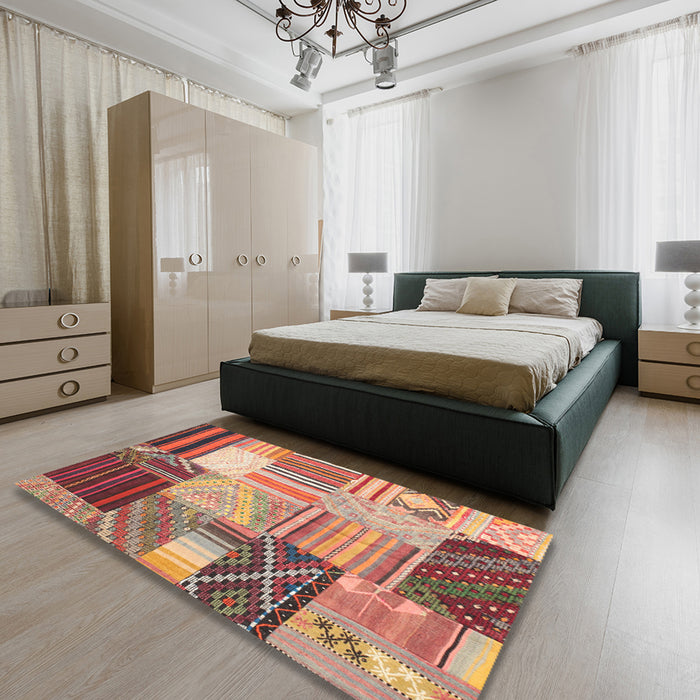Contemporary Sandy Brown Patchwork Rug in a Bedroom, con561