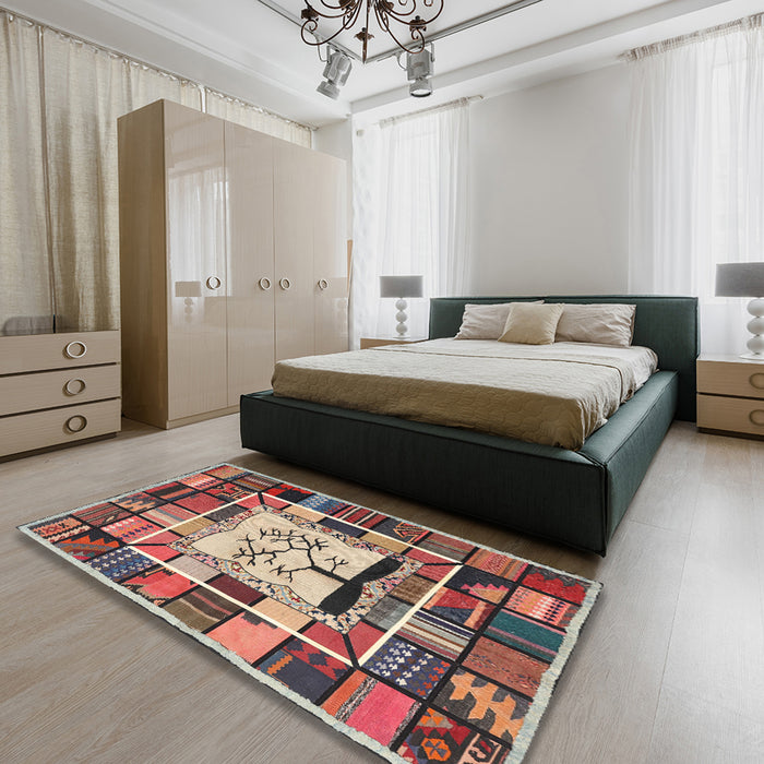 Contemporary Brown Red Southwestern Rug in a Bedroom, con574