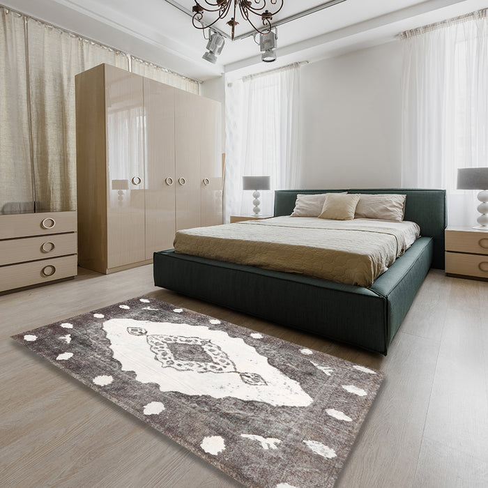 Machine Washable Contemporary Dark White Beige Rug in a Bedroom, wshcon618