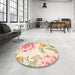 Round Contemporary Golden Blonde Gold Botanical Rug in a Office, con674